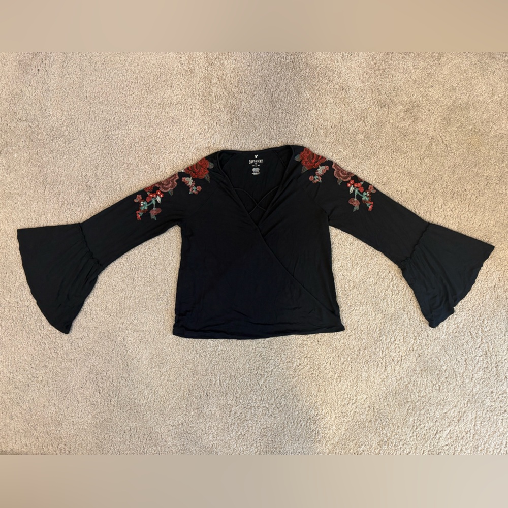 American Eagle Outfitters Black Top with Red Floral Embroidery